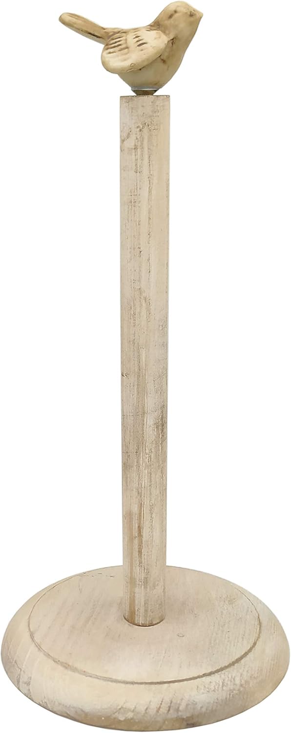 Bird Design Shabby Whitewashed Wood Paper Towel Holder Stand Up Paper Towel Holder, Easy One-Handed Tear Kitchen Paper Towel Dispenser with Weighted Base for Standard Paper Towel Rolls