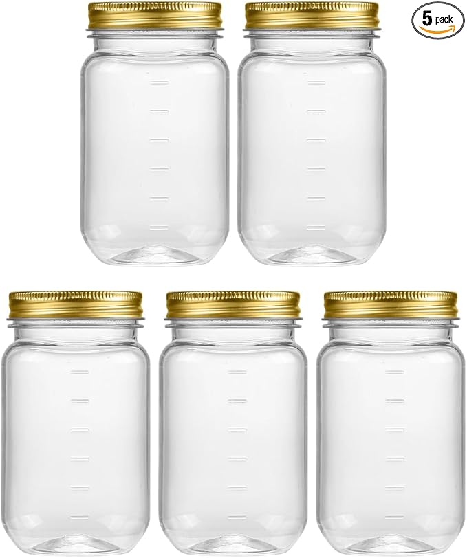 novelinks 16 oz Clear Plastic Jars with Lids, Refillable 16oz Mason Jars with Lids & Storage Containers for Kitchen & Household Use (5 Pack,Gold)