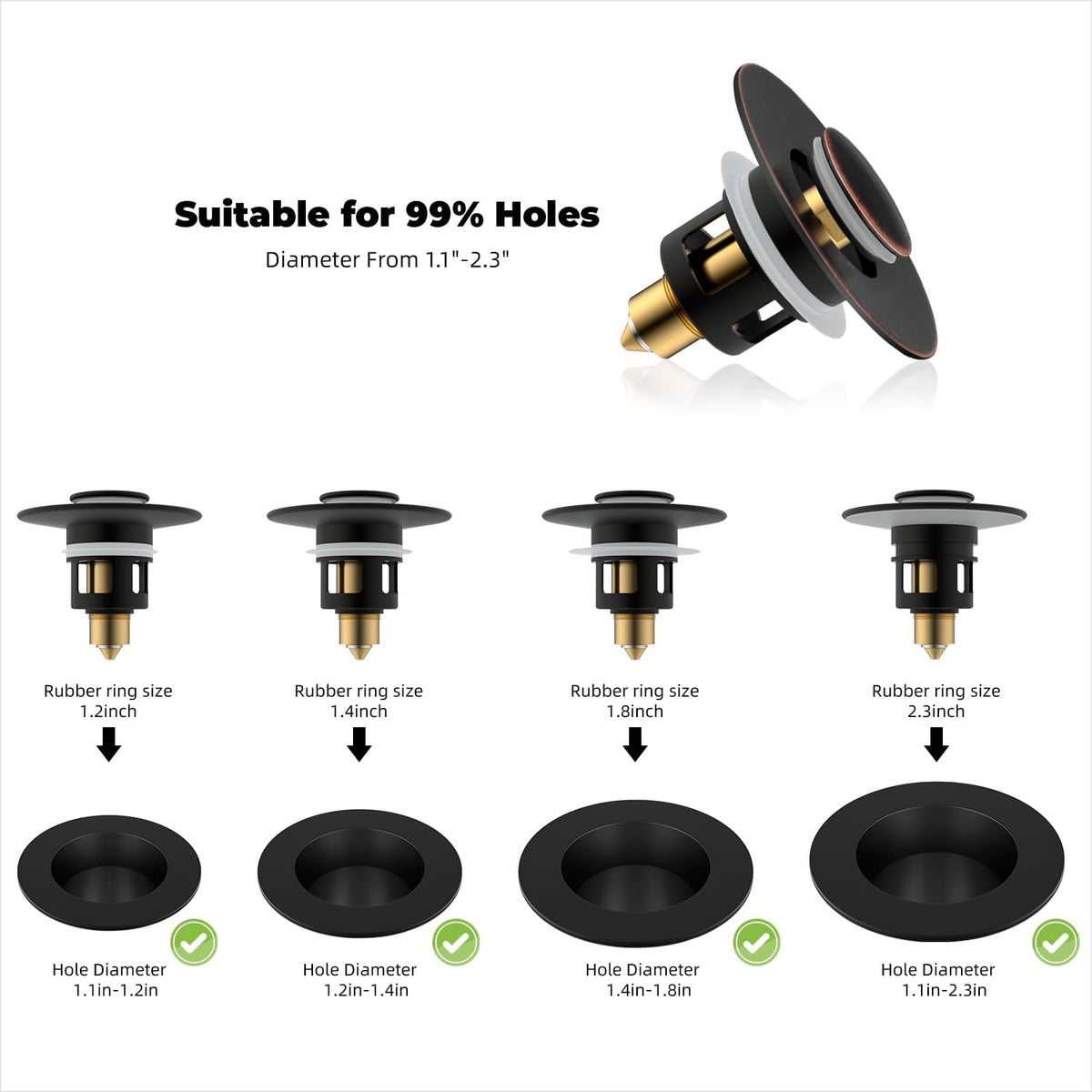 Hibbent All Metal Universal Bathroom Sink Stopper for 1.1''~2.3'' Basin, Pop Up Sink Drain Strainer, Brass Bullet Core Push Type Stopper, Stainless Steel Anti Clogging Drain Filter, Oil-Rubbed Bronze