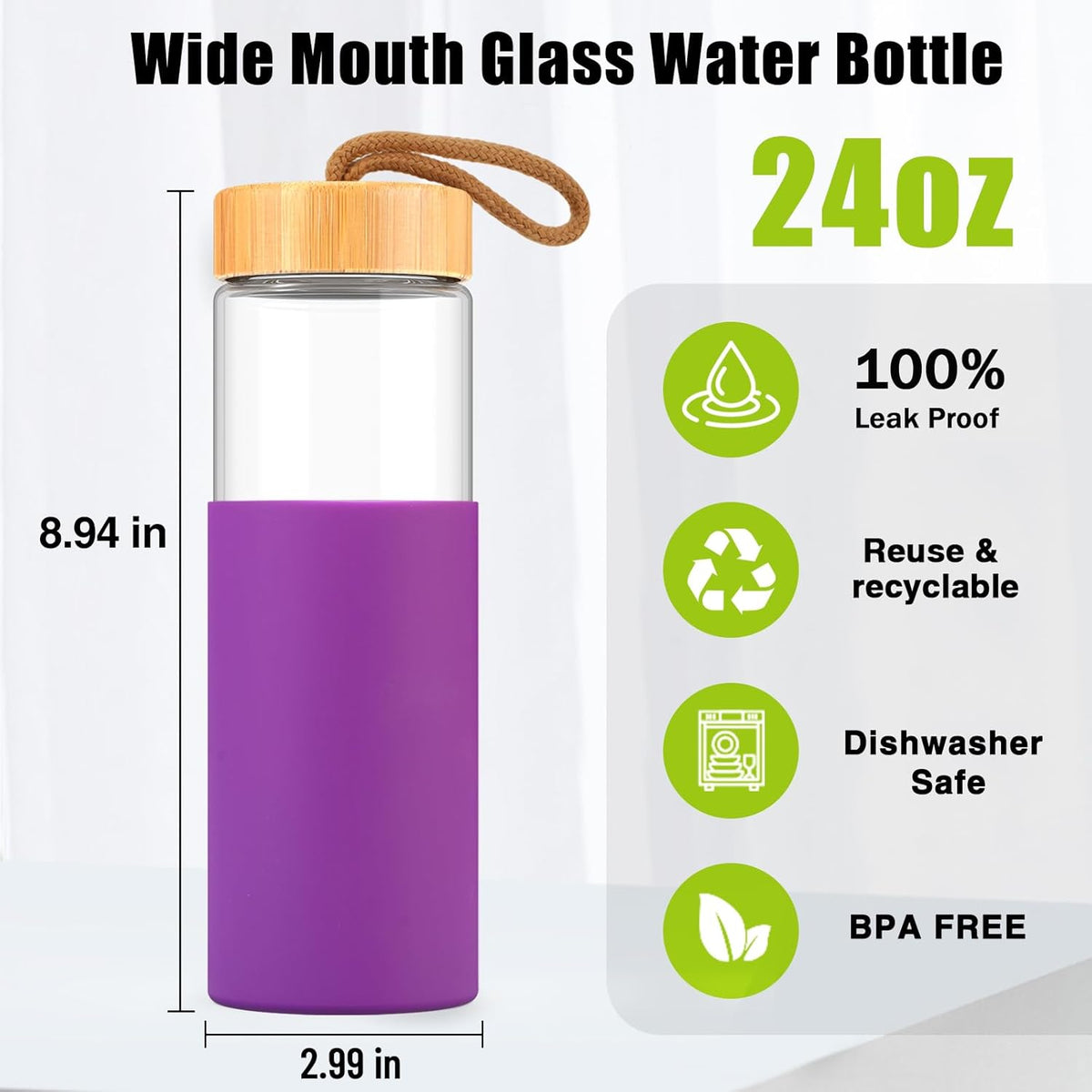 Tronco 24oz Glass Water Bottles with Bamboo Lid & Silicone Sleeve, Leak Proof, BPA Free, Reusable Borosilicate Glass Bottles for Juicing, Smoothies, Juice & Water, for Men & Women Gym, Office, Travel