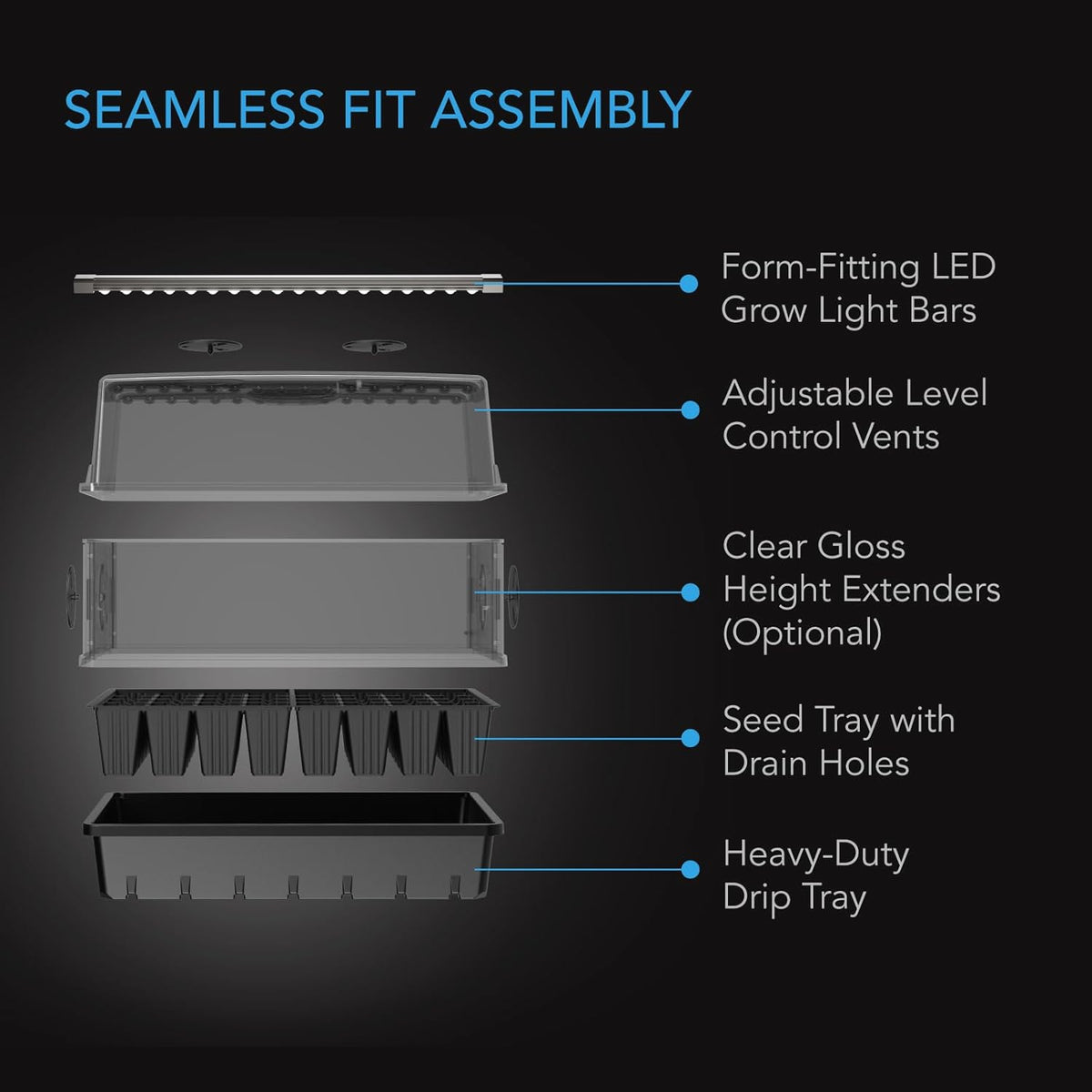 AC Infinity Heavy-Duty Humidity Dome with Full Spectrum LED Grow Light Bars, Samsung LM301H EVO Diodes, Drip Tray, 5x8 Cell Seedling Tray, 3mm Thick Dome and Vented Extension Panels, for Seed Starting