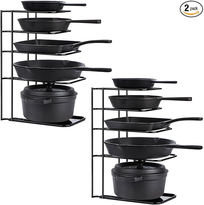 Toplife 2 Pack Heavy Duty Pan Organizer, 5 Tier Pot and Pan Organizer Rack for Cast Iron Skillets, Griddles and Pots - Sturdy Steel Construction- No Assembly Required - Black