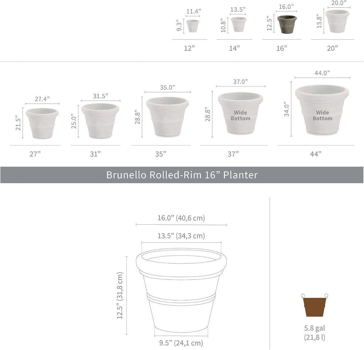 Crescent Garden Brunello Classic Rolled Rim Planter Pot, Indoor/Outdoor Weather-Safe Round Plant Pot, 16'' (Terracotta Color)