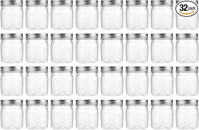 novelinks 8 oz Clear Plastic Jars with Airtight Lids, 32 Pack Plastic Mason Jars with Lids 8oz, Refillable Storage Slime Containers & Small Spice Jar for Kitchen Organization (32 Pack,Silver)