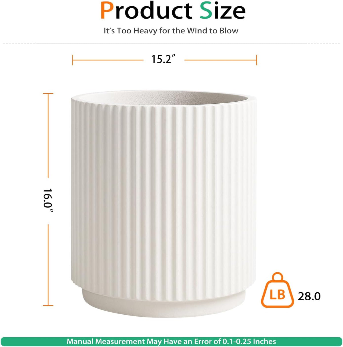 Round Concrete Planter Outdoor Indoor, Large Cement Plant Pots for Flowers (Vertical White, 16 inch)