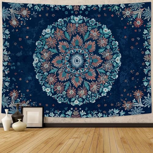 Boho Floral Mandala Tapestry Wall Hanging Blue Bohemian Flower Medallion Tapestry Aesthetic Vintage Navy Hippie Indian Large Tapestries for Bedroom Living Room Dorm Decor 80 x 60 Inch
