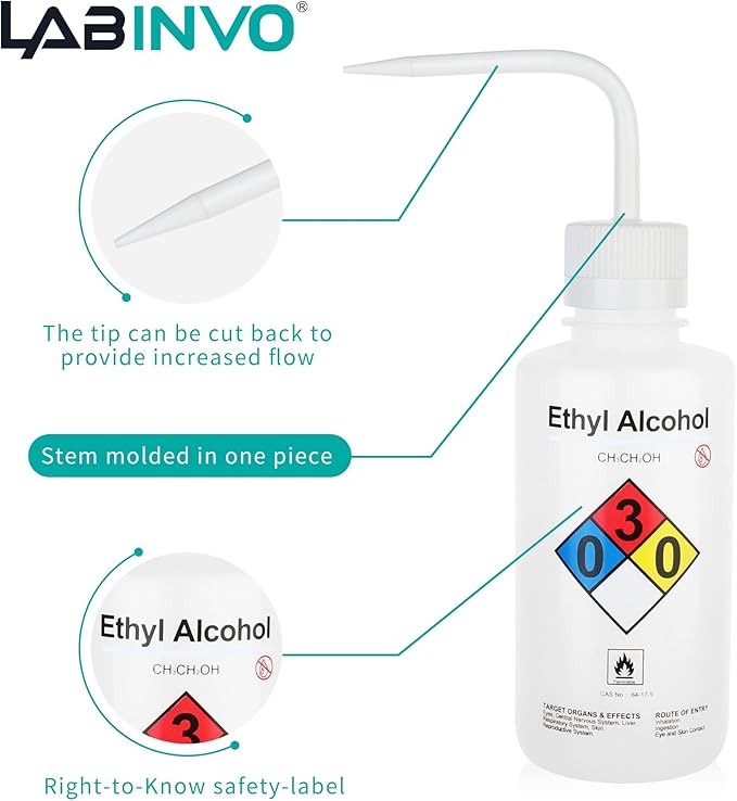Ethyl Alcohol Wash Bottles, 1PC of Vol.500ml (17oz), Narrow Mouth, Self-Venting Safety Wash Bottles, LDPE Material,IN-WBE501