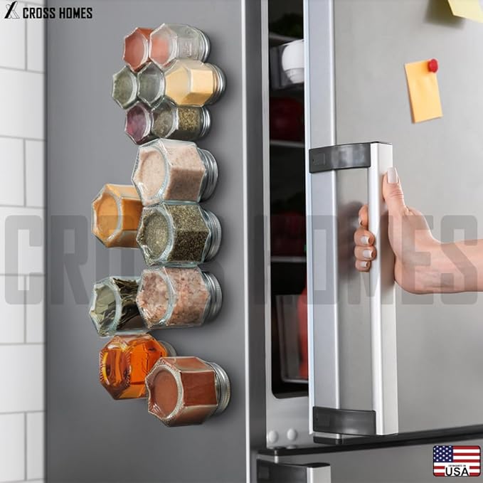 20 Pack Magnetic Spice Jars Large 4 oz Refrigerator Hexagon Glass Spice Jars Magnetic Lids Shaker Spice Labels Magnet Glass Spice Containers for RV Travel Trailer Kitchen Fridge Cabinet Wall mount