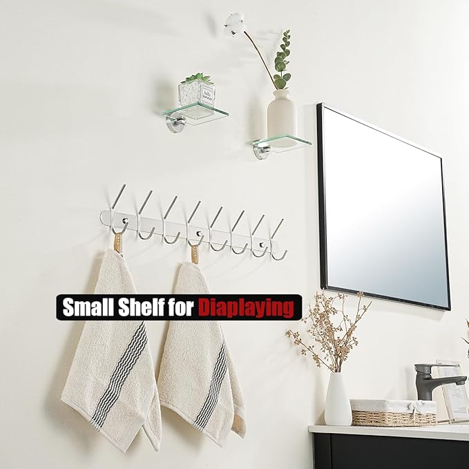 JQK Small Floating Glass Shelves Brushed, 4 Inch Display Ledges for Wall, Mini Decor, Living Room Bedroom Bathroom, Tempered Glass Shower Storage, 2 Pack, TGS101L4-BN-P2