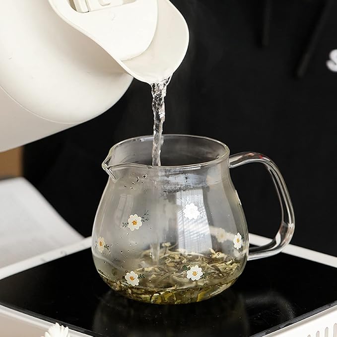 Iced Tea Pitchers High Borosilicate Glass Pitcher with Filter Cover Cute Cold Water Jug Small Teapot for Juice, Milk, Hot and Cold Drinks (B)