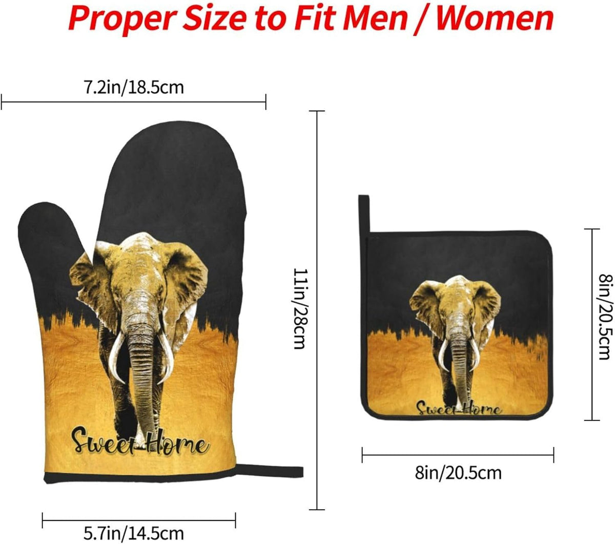 Elephant Oven Mitts and Pot Holders Sets of 3 Black Gold Hot Pads Oven Gloves Heat Resistant Non Slip Washable for Kitchen Cooking Grilling Baking