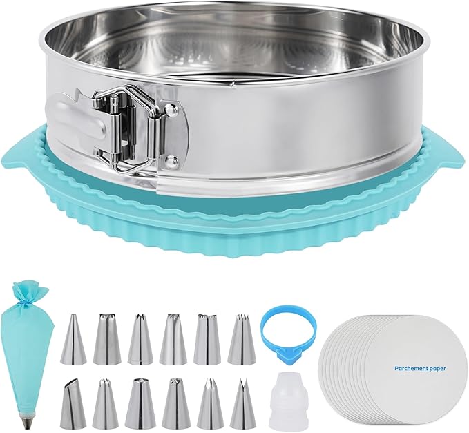 Aufind 10 Inch Springform Pan for Baking, 304 Stainless Steel Cheesecake Pan with Removable Bottom, Includes 12 Piping Tips and 50 Parchment Papers for Pie Cake Pizza and Quiches(10" Cake pan)