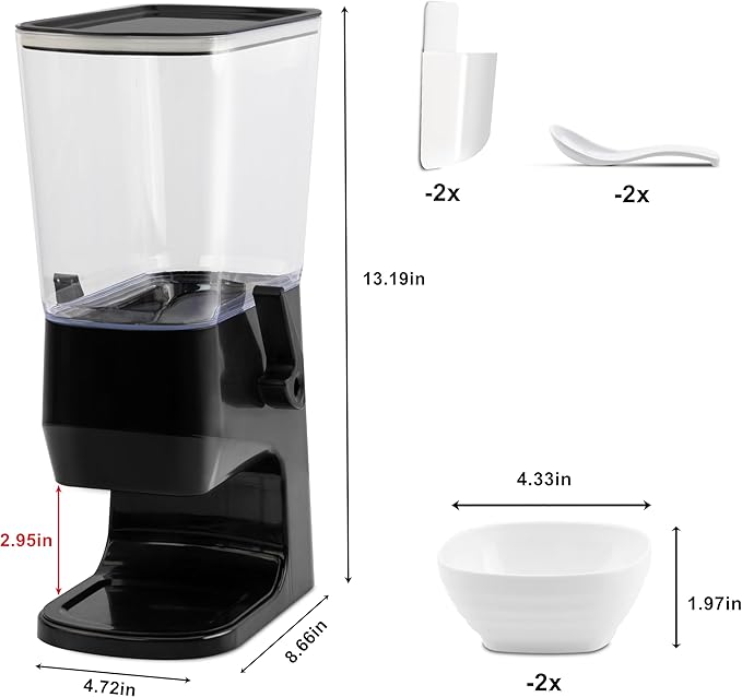 Cereal Dispenser Countertop Black 2 Pack, Dry Food Dispenser with Bowls Spoons Cutlery Box, 3.2L Cereal Containers Storage Food Dispenser, for Pantry Kitchen Organization Oatmeal Nut Granola