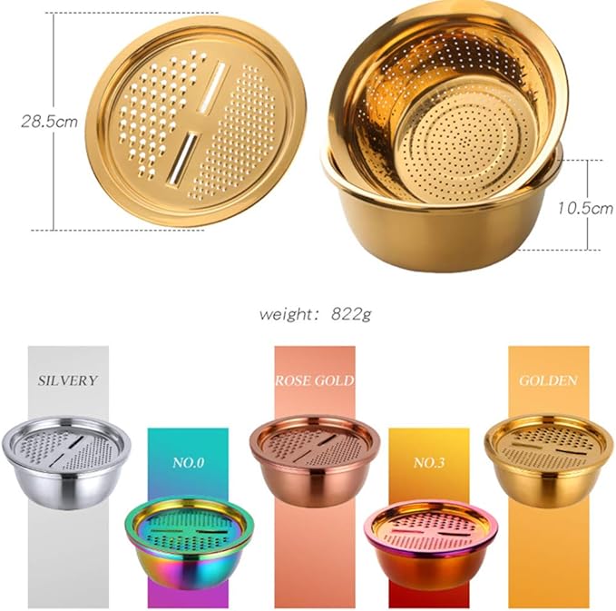 3-In-1 Multifunctional Grater Basin Colander Strainer Set, Mingcheng Stainless Steel Kitchen Drain Basket/Bottom Basin for Washing Rice, Fruits, Vegetable, Grater with Container (Gold)
