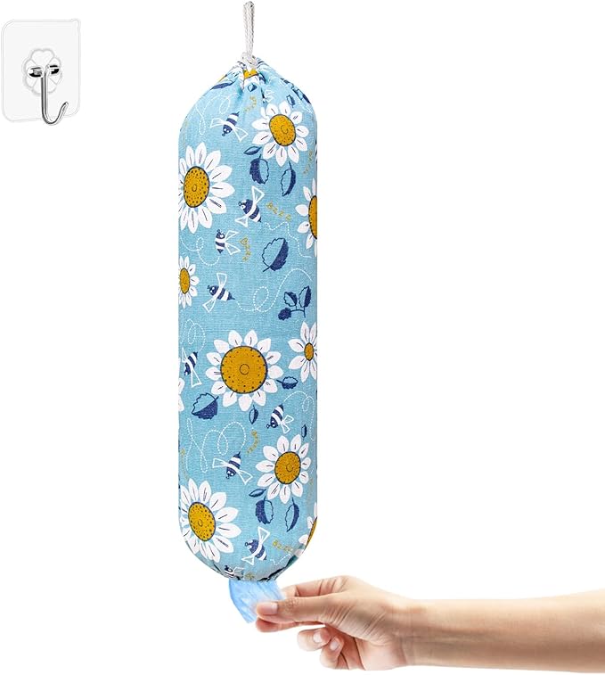 Plastic Bag Holder, Wall Mount Plastic Bag Organizer, Washable Large Grocery Bag Storage Dispenser, Shopping Bags Carrier for Home Kitchen Travelling, Free Adjustment with Drawstring, Sunflower,22x9"