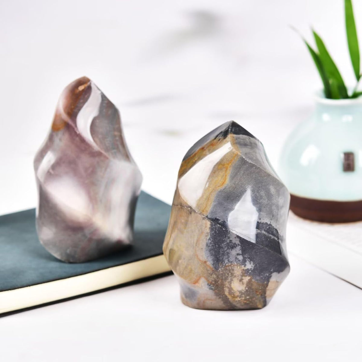 AMOYSTONE Polychrome Jasper Flame Shaped Stone Towers Obelisk Natural Healing Crystal Quartz Reiki Energy Decoration Home Office 1.0 Pound