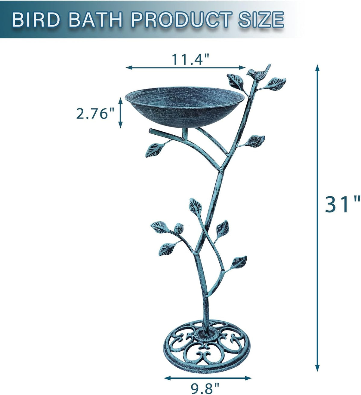 11.4" W x 31" H Cast Iron Pedestal Bird Bath, Birdbaths for Outdoors,Bird Bath for Outside,Vintage Metal Bird Bath Garden Yard Decor