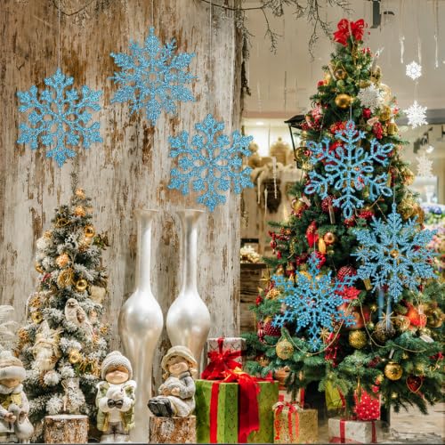 12pcs Large Snowflakes Ornaments Blue 12” Big Plastic Glitter Snowflake for Winter Indoor Outdoor Christmas Tree Window Room Decorations Giant Craft Snowflakes (12 Count)
