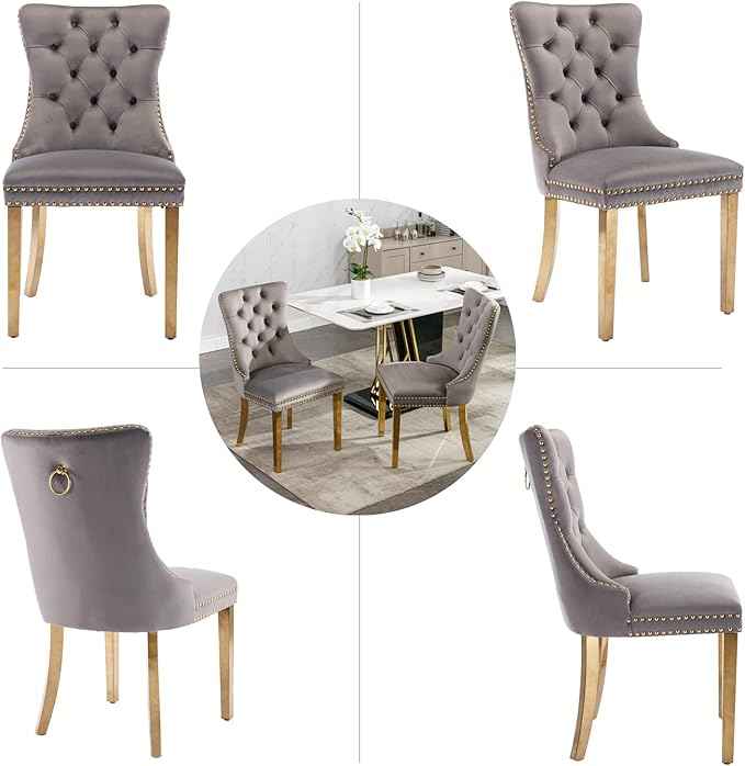 Gray Velvet Dining Chairs Set of 4, Upholstered Dining Room Chairs with Back Ring Pull Trim and Golden Stainless Steel Legs,Modern Kitchen Chairs for Dining Room,Living Room,Kitchen(Grey)