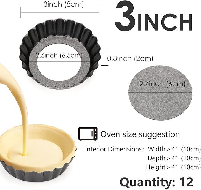 12 pcs Egg Tart Molds, 3" Mini Tart Pans Removable Bottom, Cupcake Cake Muffin Mold Tin Pan Baking Tool, Reusable Quiche Bakeware Carbon Steel for Pies, Quiche, Cheese Cakes, Desserts