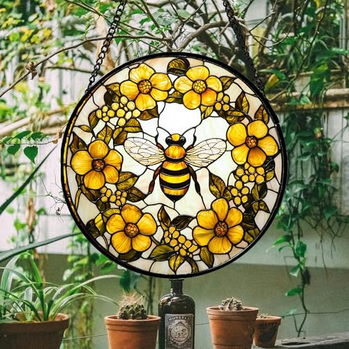 Bee Wreath Stained Glass Window Hanging Suncatcher Gifts for Women 12"