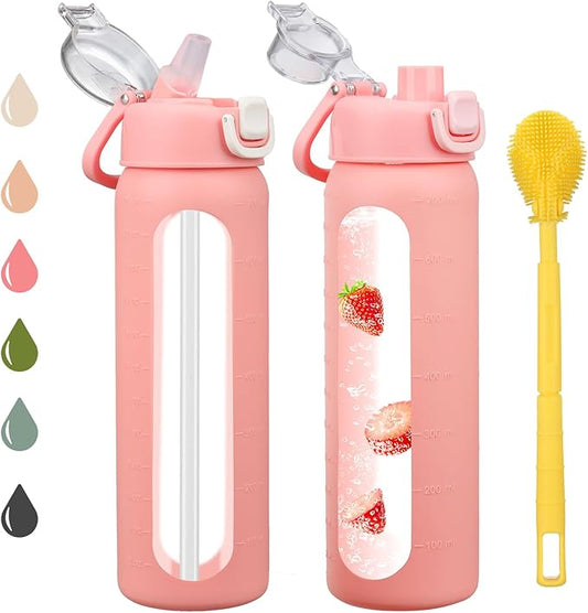 chunmo 24 oz Glass Water Bottles with 2 Lids-Handle Spout Lid & Straw Lid, Motivational Water Bottle with Time Marker and Silicone Sleeve,Leakproof-Pink-1 Pack