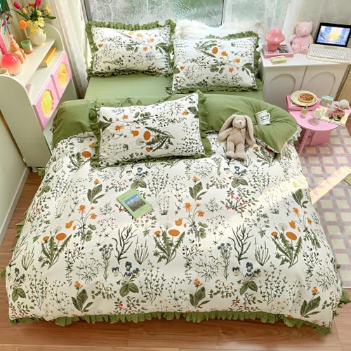 Green Floral Comforter Set King Romantic Ruffle Comforter Vintage Botanical Flowers Comforter with 2 Pillowcases Boho Floral Lace Coquette Bedding Fluffy Comfy Farmhouse King Bed Comforter Set