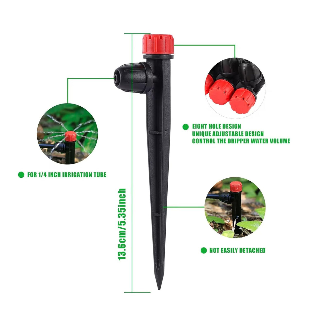 Drip Irrigation Emitters Adjustable 360 Degree Drip Emitters on 5" with Stake for 1/4" Drip Irrigation Tubing,Irrigation Drippers Ideal for (4-7mm) Garden House Watering System. (25pcs-Red Drip)