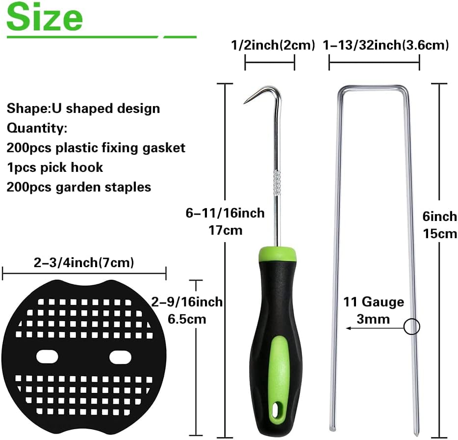 Bakulyor 200Pcs Landscape Staples + 200Pcs Gasket, 6 Inch Garden Stakes Staples 11 Gauge U Shaped Galvanized Lawn Landscape Pins, Heavy Duty Yard Ground Pin for Weed Barrier Sod Fabric Decorations