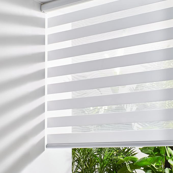 Persilux Cordless Zebra Blinds for Indoor Windows, Free-Stop Zebra Blinds Cordless, Light Filtering Sheer Shades Dual Layer for Day and Night, Zebra Roller Shades for Home (36.5" W X 64" H, White)