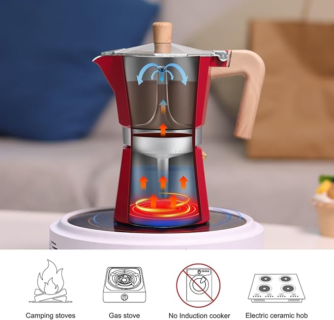 Sivaphe Aluminum Moka Pot 6 Espresso Cups, Percolator Espresso and Coffee Maker, Portable Stovetop Italian and Cuban Café Brewer for Home and Camping Red