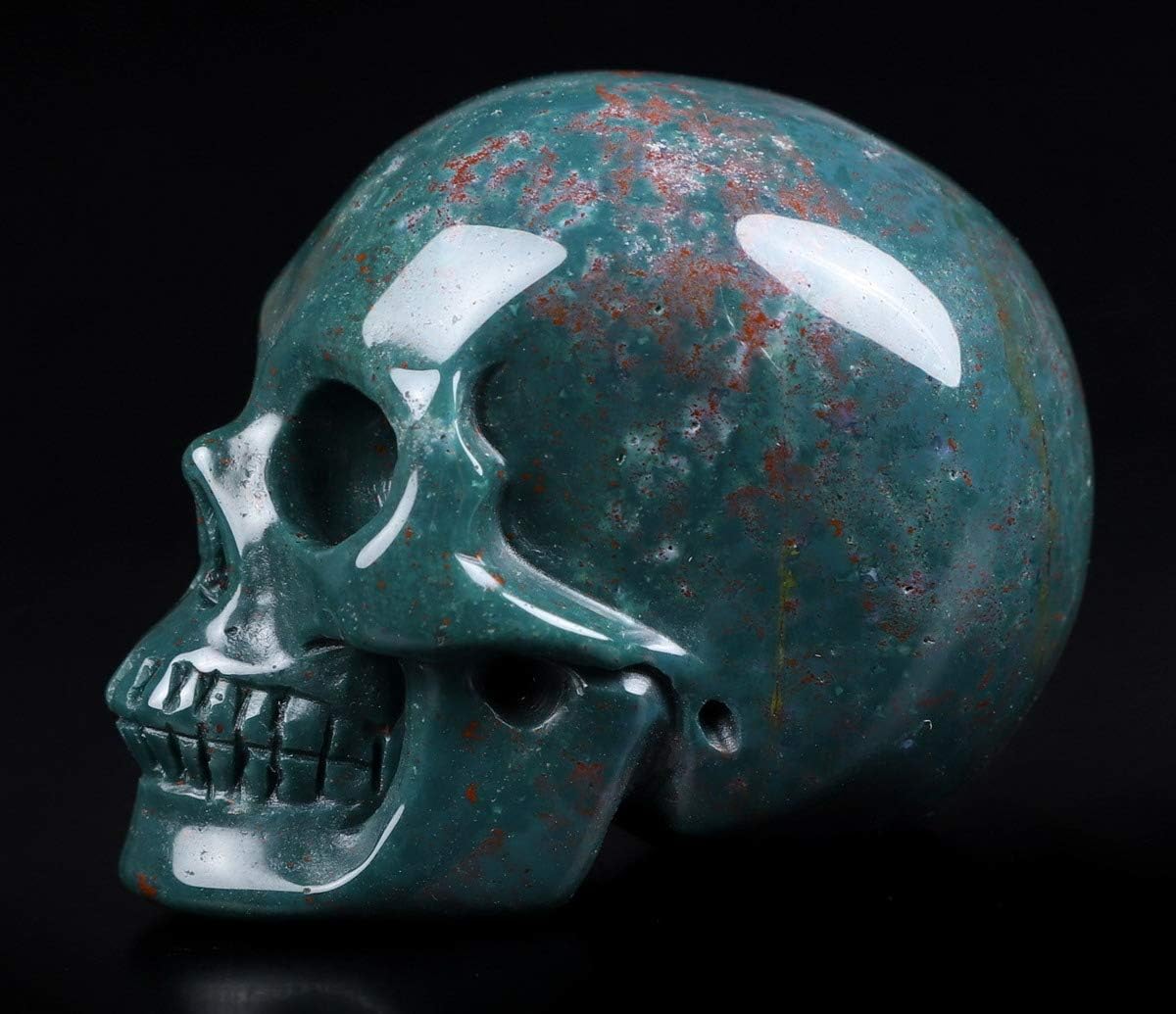 Skullis 2.0" Bloodstone Crystal Skull, Hand Carved Gemstone Fine Art Sculpture, Reiki Healing Stone Statue.