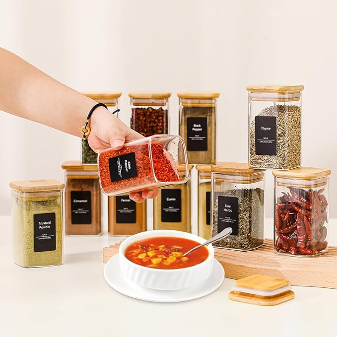 16Pcs 9oz Spice Jars Glass Container with 275 Labels, Airtight Seasoning Empty Organizer with Bamboo Lid Set for Pepper, Salt, Sugar