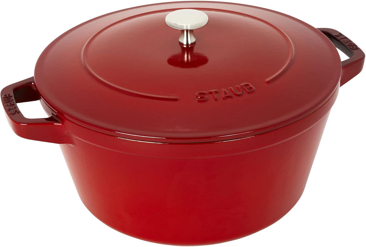 STAUB Cast Iron Set 4-pc, Stackable Space-Saving Cookware Set, Dutch Oven, Skillet, Grill Pan with Universal Lid, Made in France, Cherry