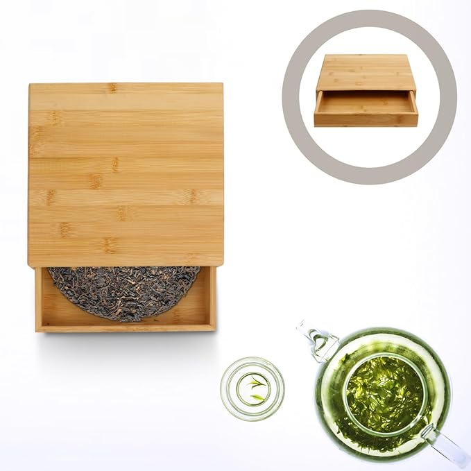 Partykindom Wooden Tea Cake Storage Box with Drawer 9.84X9.44X1.81In Tea Storage Organizer for Pu Er Cake Breathable and Practical Box for Home Use