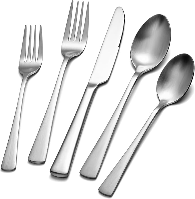 KINGSTONE Silverware Set for 8, 40-Piece 18/10 Stainless Steel Flatware Set,Forged Cutlery Set Matte Satin Finish, Dishwasher Safe