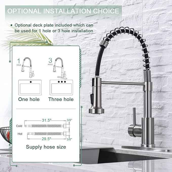 WEWE Kitchen Faucets, Commercial Brushed Nickel Stainless Steel Pull Down Sprayer Single Hole Single Handle RV Farmhouse Laundry Outdoor Faucet for Kitchen Sink, llaves para fregaderos de cocina