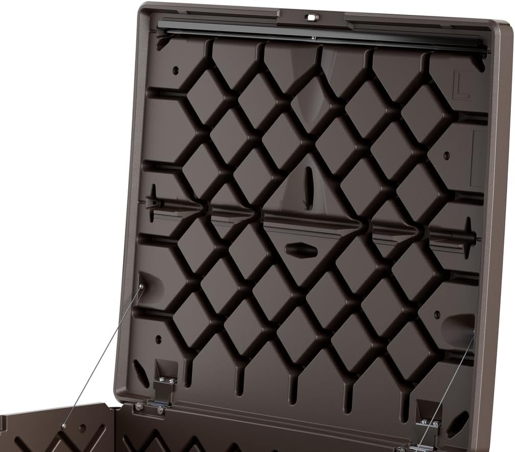 Rubbermaid Medium Resin Outdoor Storage Deck Box (74 Gal) Weather Resistant Brown Deck Organization for Home/Backyard/Pool Chemicals/Toys/Garden Tools/Porch/Patio Cushions