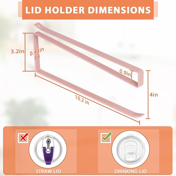 2 Pack Tumbler Lid Organizer, Horizontal Tumbler Lid Storage Hook to Hold Up 20 Lids, Space Saving Cup Lid Holders Under Cabinet Tumbler Lid Hook for Kitchen Organizer, Paper Towel Rack Hanger (Pink)
