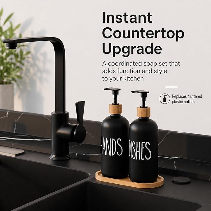 Dish Soap Dispenser for Kitchen Sink.Glass Hand Soap Dispenser, Modern Farmhouse Decor for Bathroom,Kitchen Sink Decor