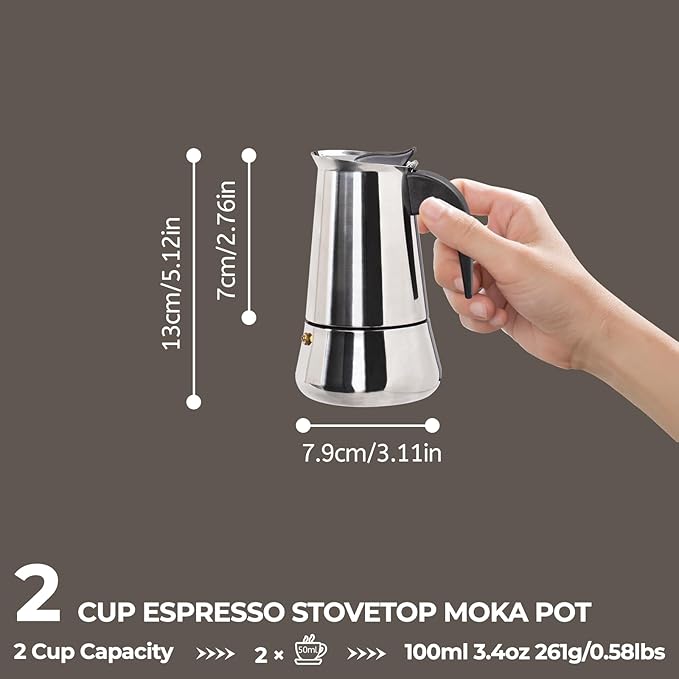 2 Cup 100ml Moka Pot Stainless Steel Espresso Coffee Maker Stovetop Coffeemaker Italian Classic Style Brewing Greca Cafe Mocha Machine for Cafeteras Lover Camping Travel and Home Use 3.3oz