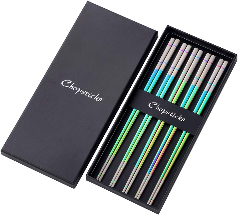 Buyer Star 5-Pair Stainless Steel Metal Reusable Rainbow Chinese Square Chopsticks