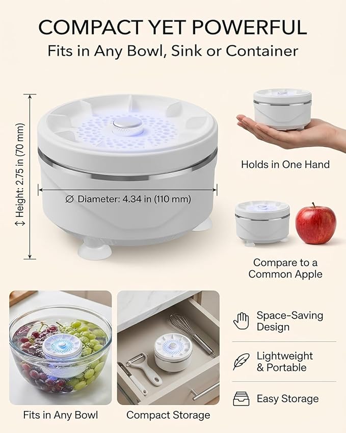 Ultrasonic Fruit and Vegetable Produce Cleaner Device Washing Machine Portable Wireless Waterproof Veggies Wash Cleaning Purifier with Titanium Electrolysis Purification for Home Kitchen(1PC)