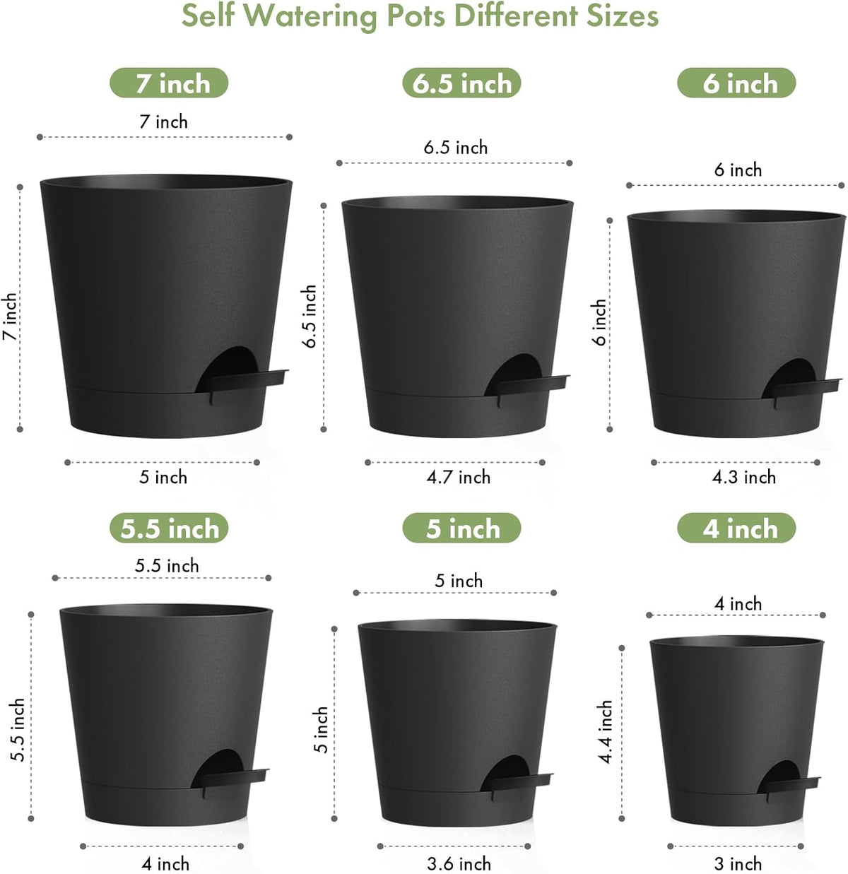 7/6.5/6/5.5/5/4 inch Self Watering Pots for Indoor Outdoor Plants, 6 Pack Plastic Flower Planters with Drainage Holes and Removable Saucers, Plant Pots with Wicking Rope, Modern Decor, Black