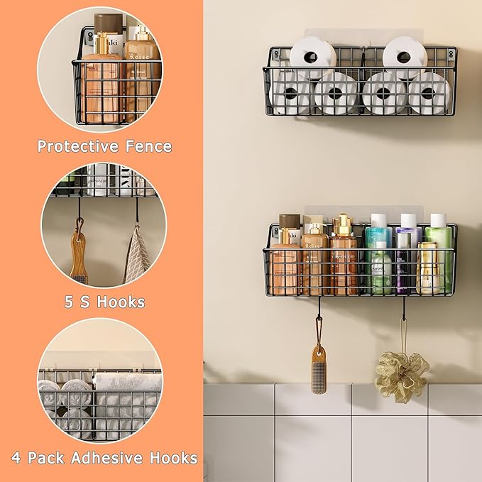 4 Pack EXTRA LARGE Hanging Wall Mount Storage Baskets With Divider, Metal Wire Basket With 4 Strong Adhesive Hooks +5 S Hooks,Organizing Wall Shelf for Home Kitchen Bathroom Pantry Garage RV, Black