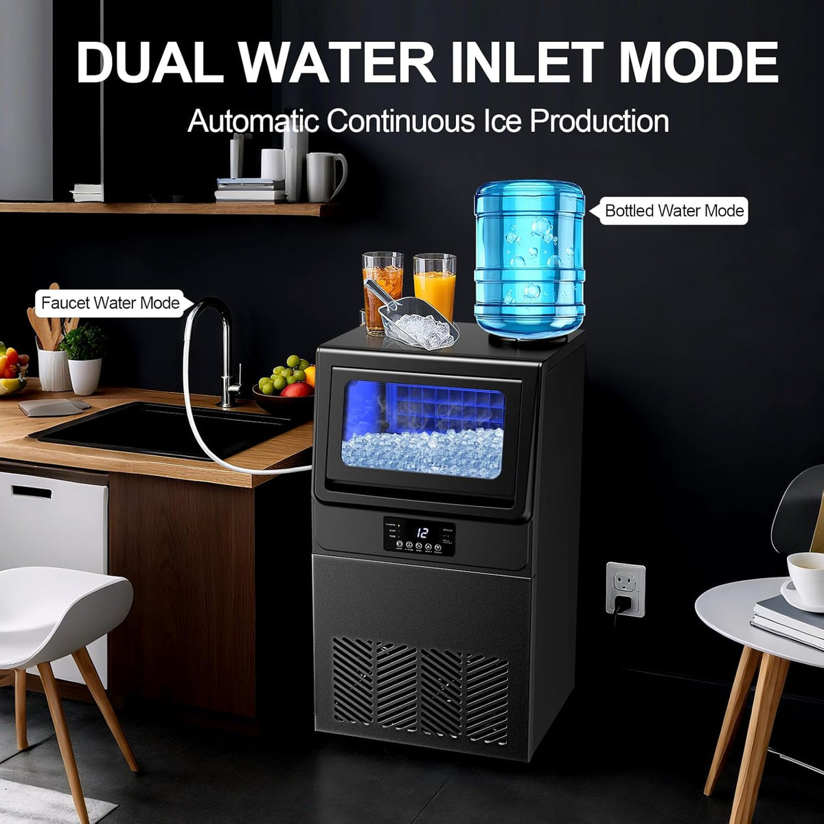 High-Efficiency Commercial Ice Maker: 100 lbs Daily Production, Stainless Steel Under Counter Ice Machine, 25 lbs Ice Storage Capacity, Dual Water Inlet, for Home Commercial Use