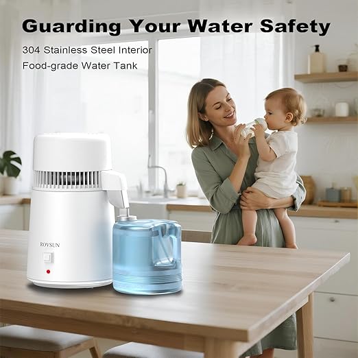 ROVSUN 1.1 Gallon/4L Water Distiller for Home Countertop, Stainless Steel Interior & BPA-Free Container, Distilled Water Machine Water Maker Purifier, Distilling Pure Water Maker, 1L/H, White, 750W