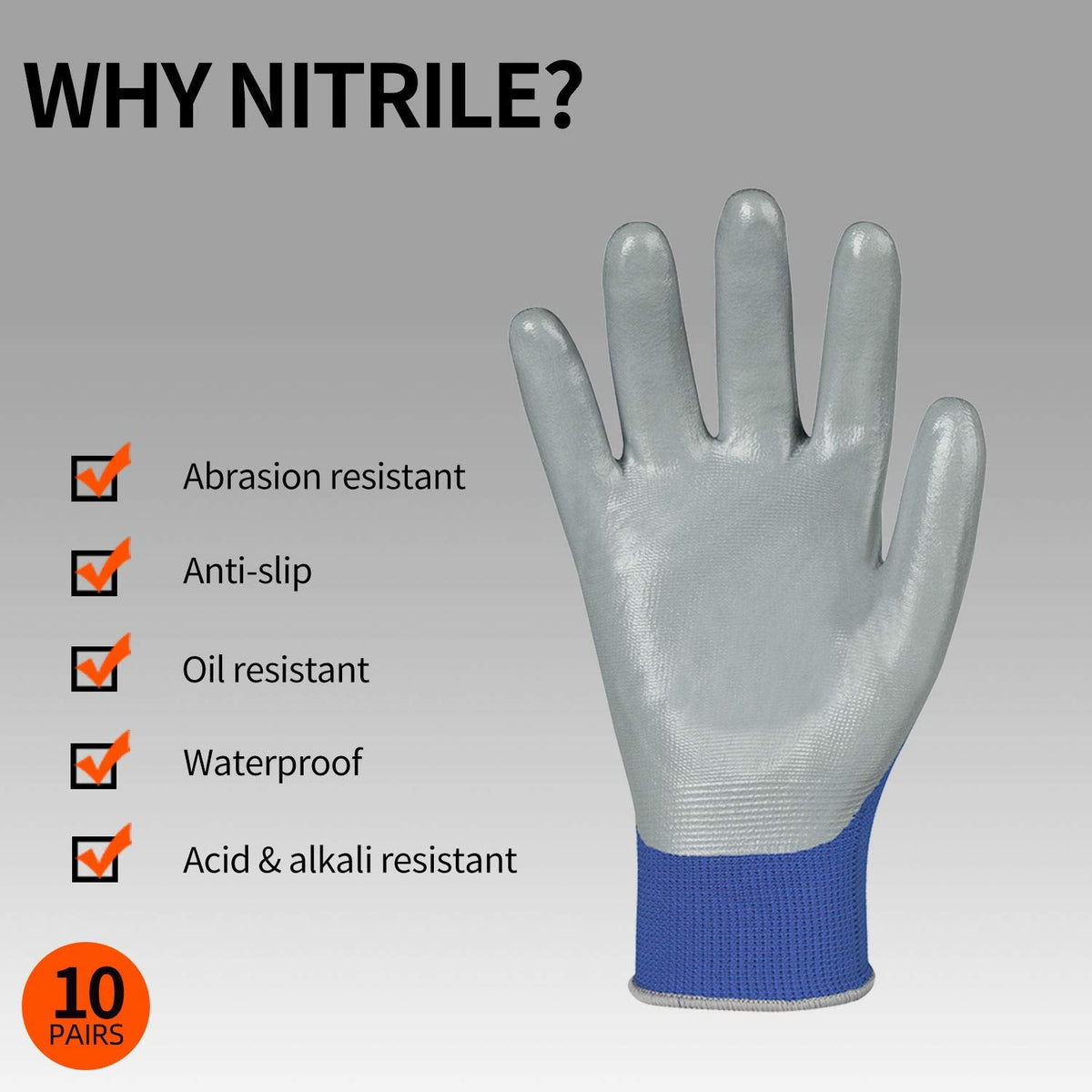 Vgo... 10-Pairs Safety Work Gloves, Gardening Gloves, Non-slip Nitrile coating, Dipping Gloves (Size L, Blue, NT2110)