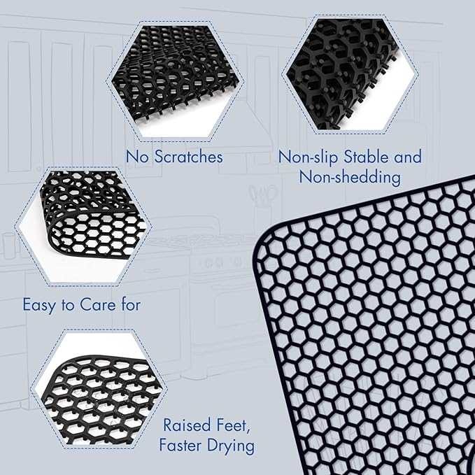 Bestjing Silicone Sink Protectors for Kitchen Sink with Rear Drain - 29.7"x 15.5" Kitchen Protector Accessory, Non-Slip Heat Resistan Mat for Bottom of Farmhouse Stainless Steel Porcelain (Black)