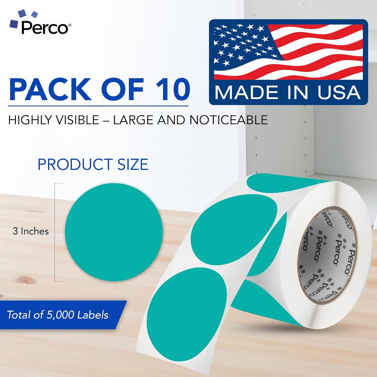 Perco Teal 3-Inch Perforated Circle Dot Sticker Labels — 10 Rolls, 5,000 Round Stickers — with Permanent Adhesive for Moving Boxes, Sale Signage, Displays, Status Messaging—Made in USA